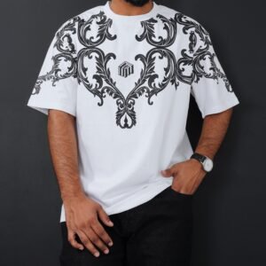 White Drop Shoulder T-Shirt with Black Graphic Design