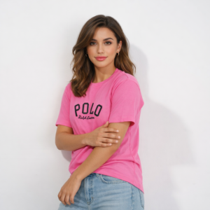 Pink Womens Embroidered T Shirt Premium Cotton Casual Top