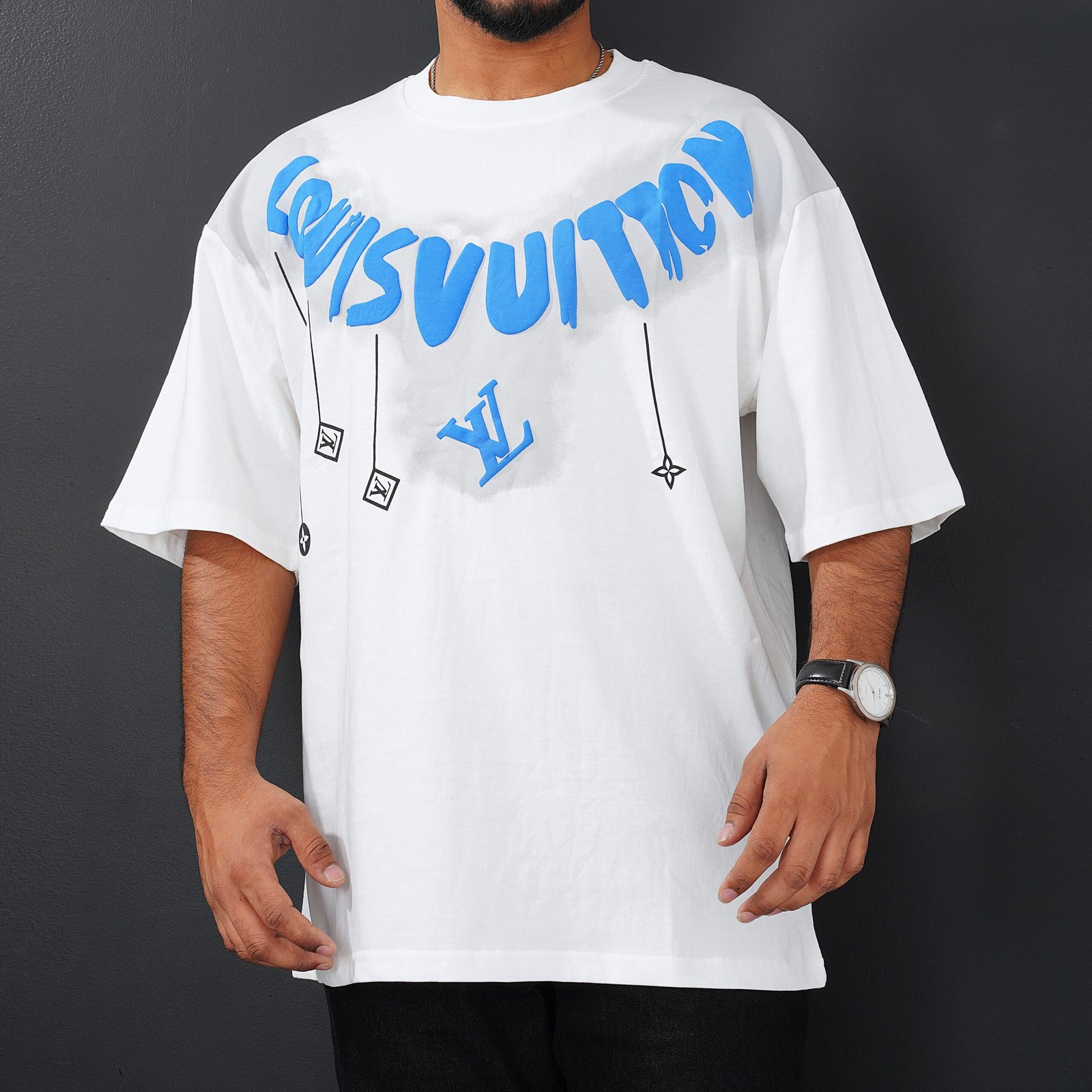 White Drop Shoulder T-Shirt with Blue Graphic Design