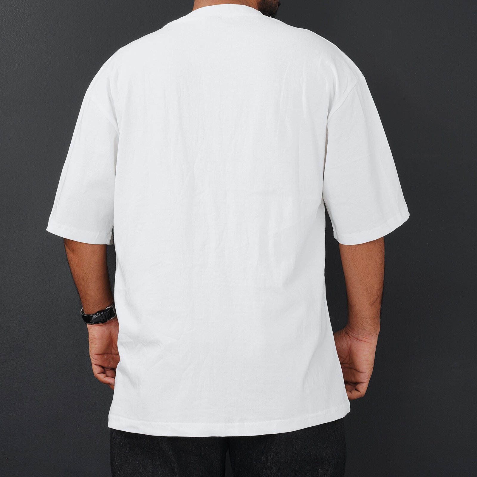 White Drop Shoulder T-Shirt with Blue Graphic Design - Image 3
