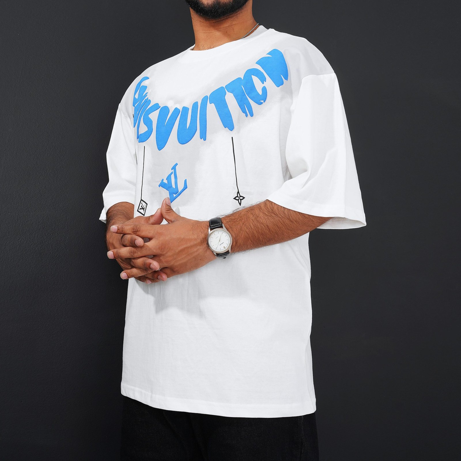 White Drop Shoulder T-Shirt with Blue Graphic Design - Image 2