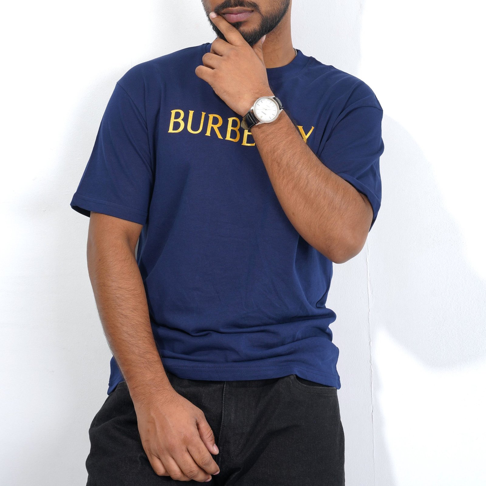 Blue Drop Shoulder T-Shirt With Golden Graphic Design - Image 3