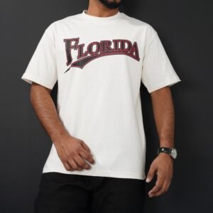 White Drop Shoulder T-Shirt with Red Graphic Design
